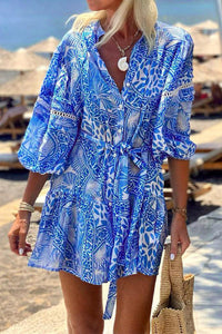 Stand Collar Printed Straight Shift Beach Dress