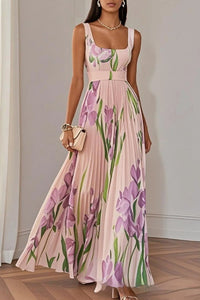 Floral Print Pleated A-Line Sleeveless Midi Dress