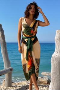 Tropical Leaf Print Waist Tie Slit Maxi Dress