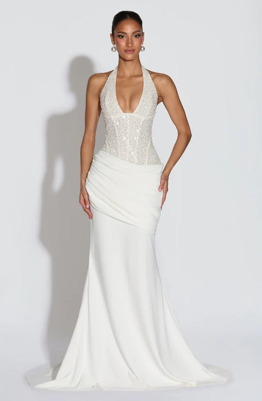 Taylor Gown by Revalline, elegant women's evening maxi dress with a flattering silhouette for weddings, galas, formal parties, and special occasions.