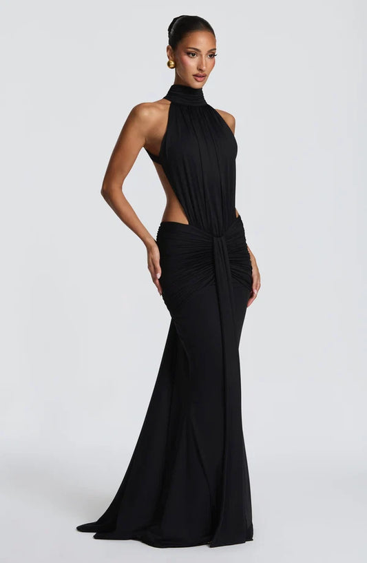 Women's Thekla Maxi Dress with high neckline, fitted design, and floor-length silhouette for weddings and evening events