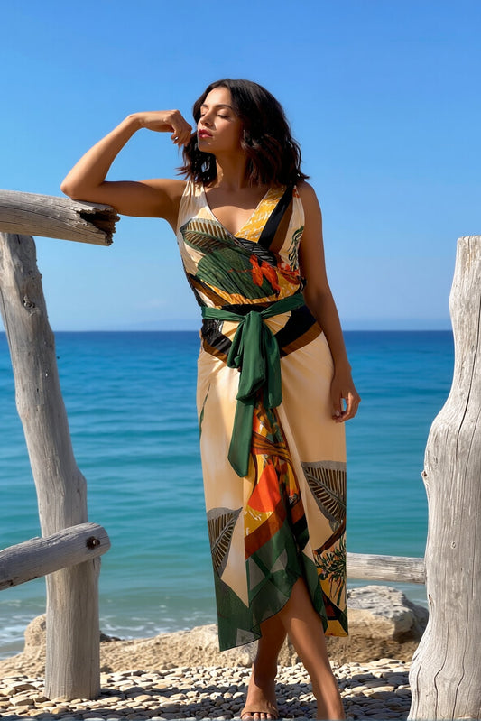 Tropical print resort maxi dress for women designed for beach vacations, cruises, destination weddings and summer occasions.