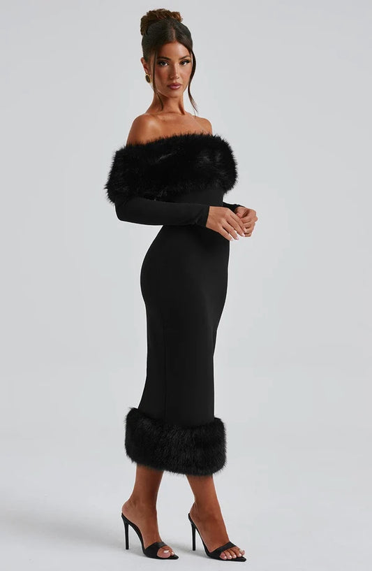 Vittoria strapless midi dress with long sleeves and figure-hugging pencil silhouette for women