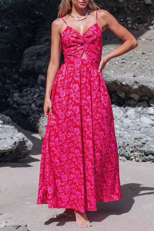 Women’s knotted neckline maxi dress designed with a stylish long silhouette for elegant evening and special occasion looks.