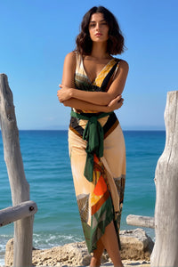 Tropical Leaf Print Waist Tie Slit Maxi Dress
