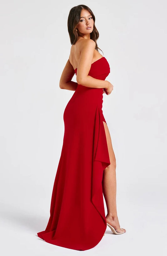 Side view of the Zafira Maxi Dress highlighting its sophisticated fit and flowing design